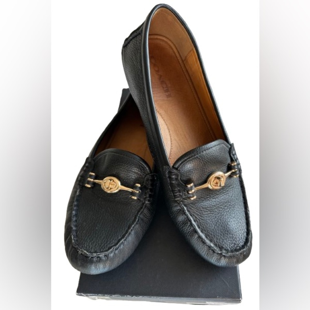 Coach ARLENE Black Leather Slip-On Loafers with Gold Accents